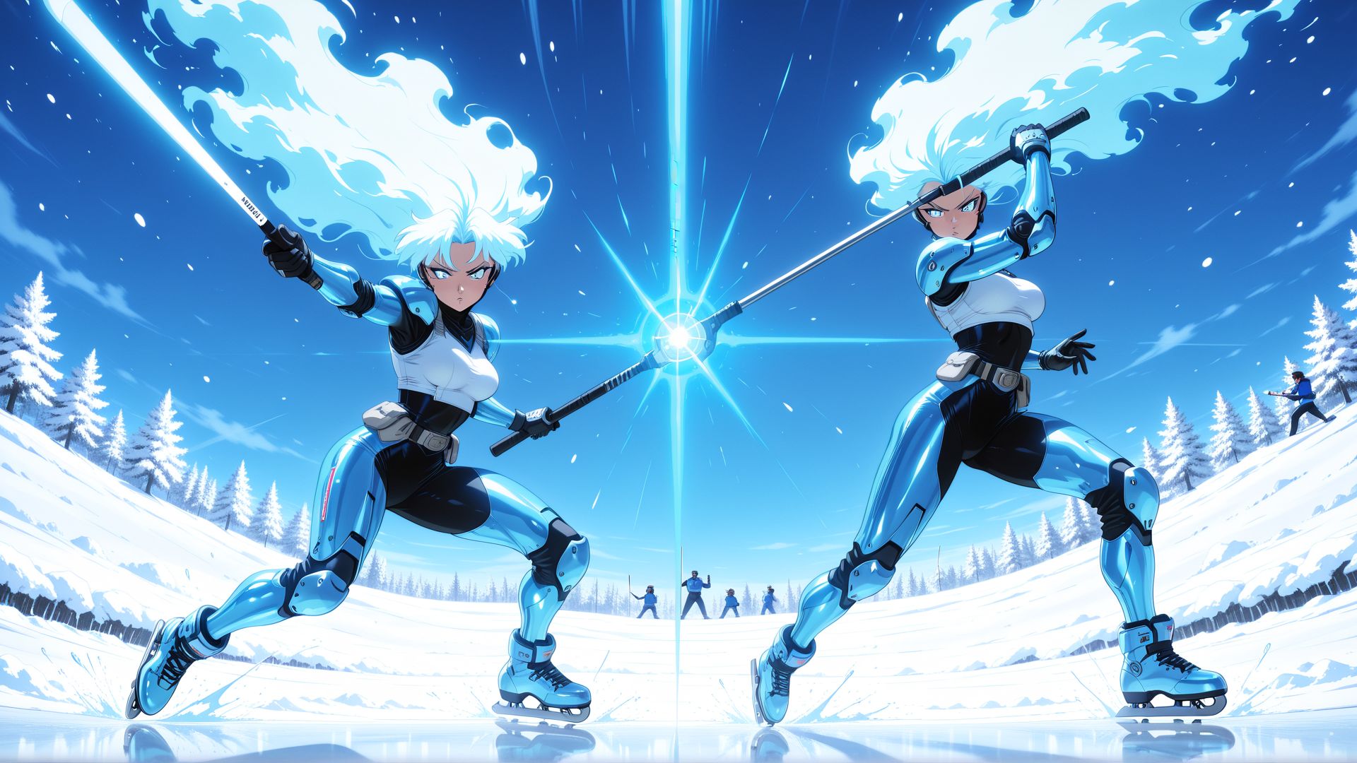 AI generated wallpaper featuring anime character, swords, ice rink, snow, frozen forest, skates, battle, robots, ice, trees