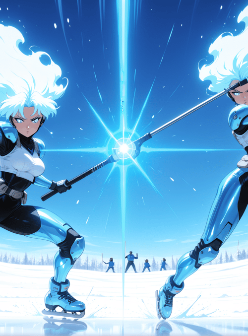 anime character, swords, ice rink, snow, frozen forest, skates, battle, robots, ice, trees