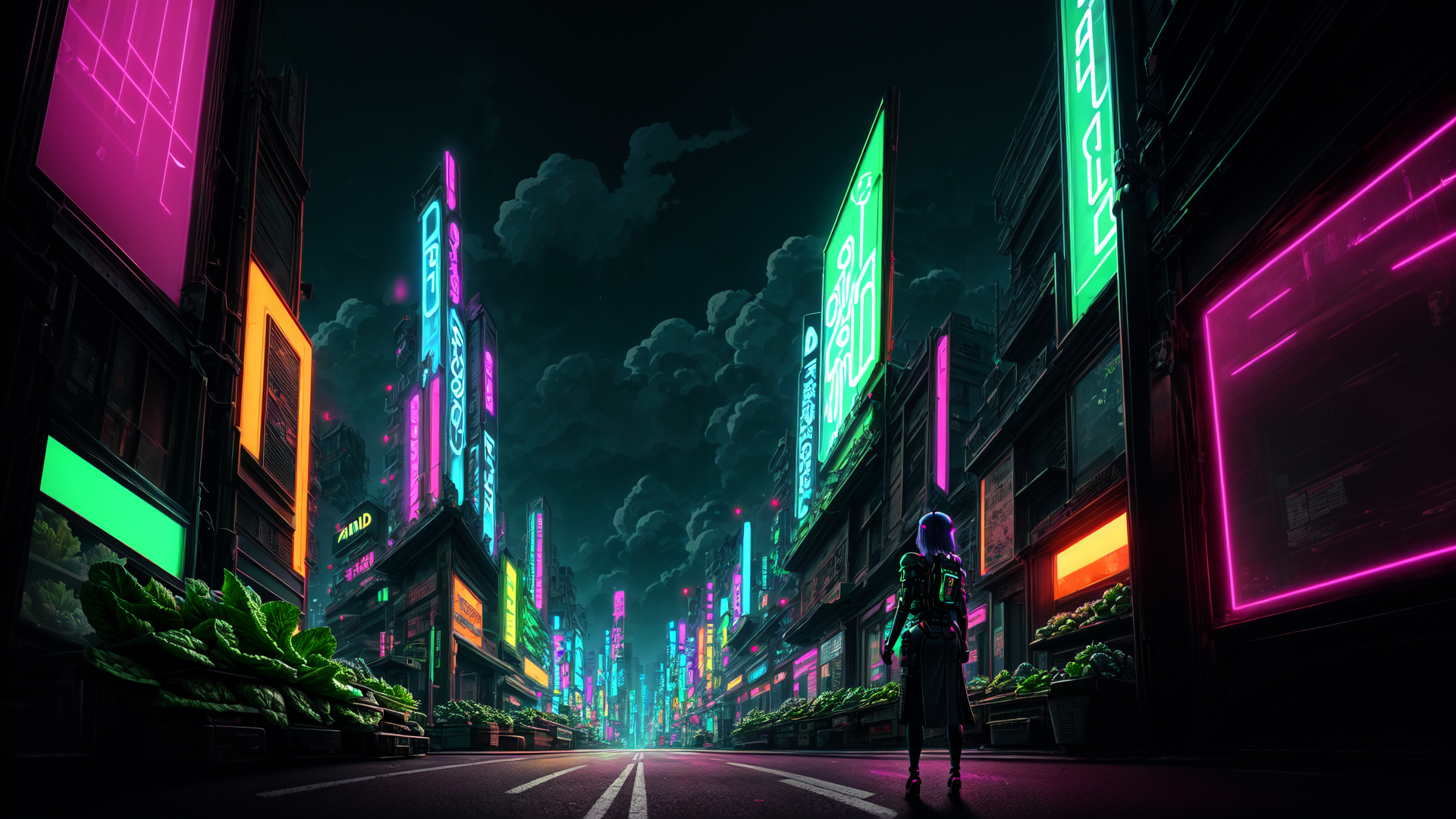 AI generated wallpaper featuring neon street, person, cityscape, signs, buildings, plants, street, urban, night, futurism