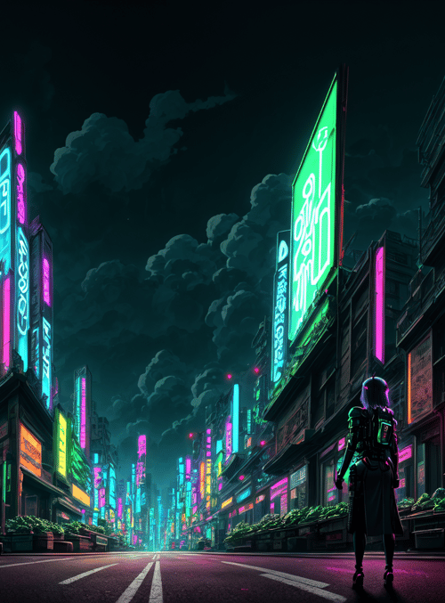 neon street, person, cityscape, signs, buildings, plants, street, urban, night, futurism