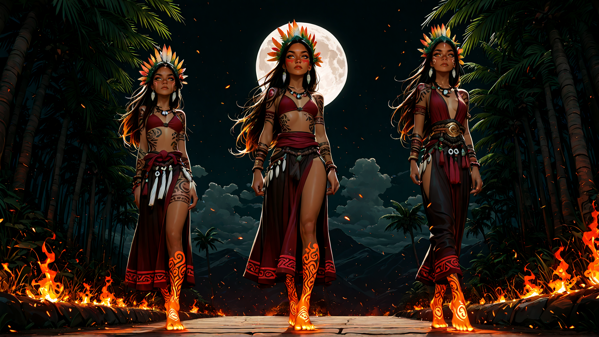 AI generated wallpaper featuring indigenous women, headdress, tattoo, fire, moon, palm tree, fabric, feet, jewelry, trail