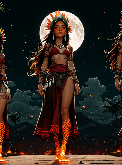 indigenous women, headdress, tattoo, fire, moon, palm tree, fabric, feet, jewelry, trail