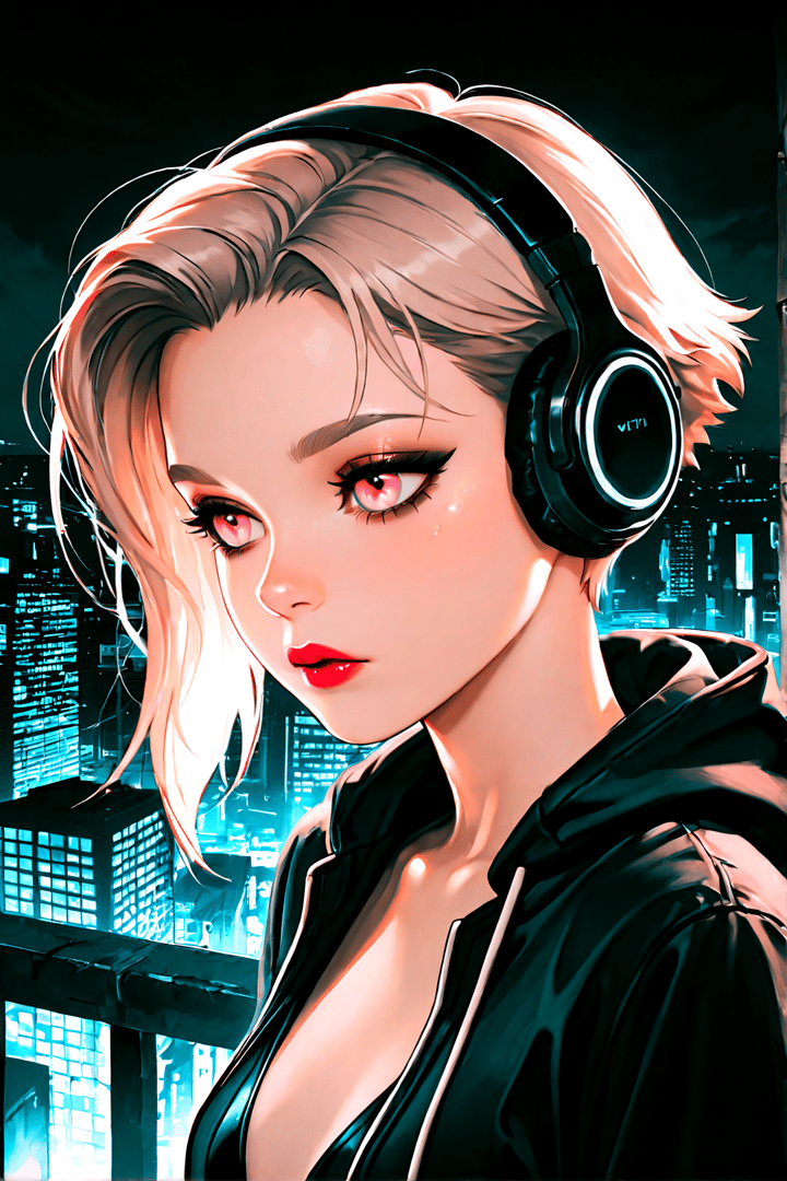 AI generated wallpaper featuring woman, headphones, cityscape, blonde, hoodie, neon
