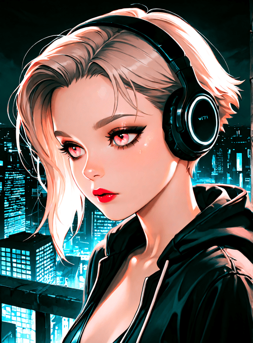 woman, headphones, cityscape, blonde, hoodie, neon