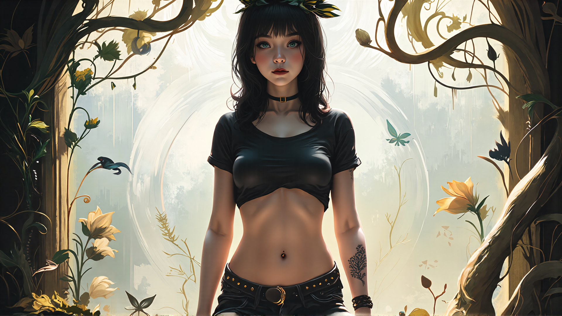 AI generated wallpaper featuring woman, nature, butterfly, tree, flower, tattoo, choker, belt, leaves, sunlight