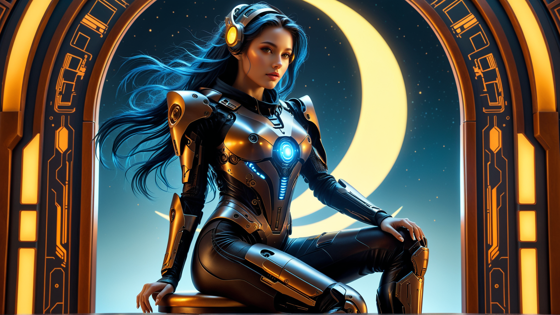 AI generated wallpaper featuring woman, cyborg, robotic armor, headphones, moon