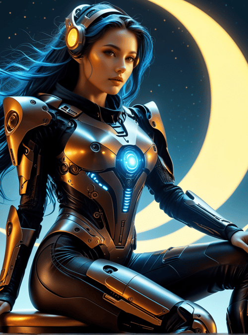 woman, cyborg, robotic armor, headphones, moon