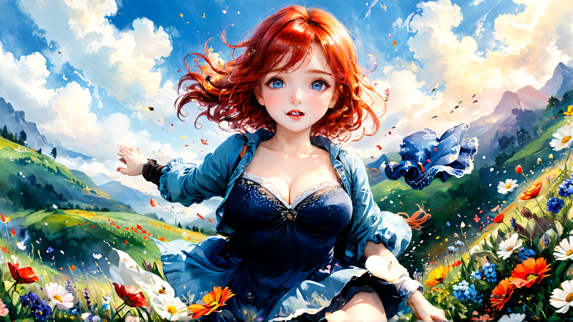 AI generated wallpaper featuring girl, flowers, mountains