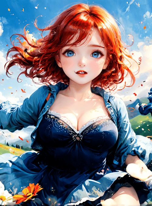 girl, flowers, mountains