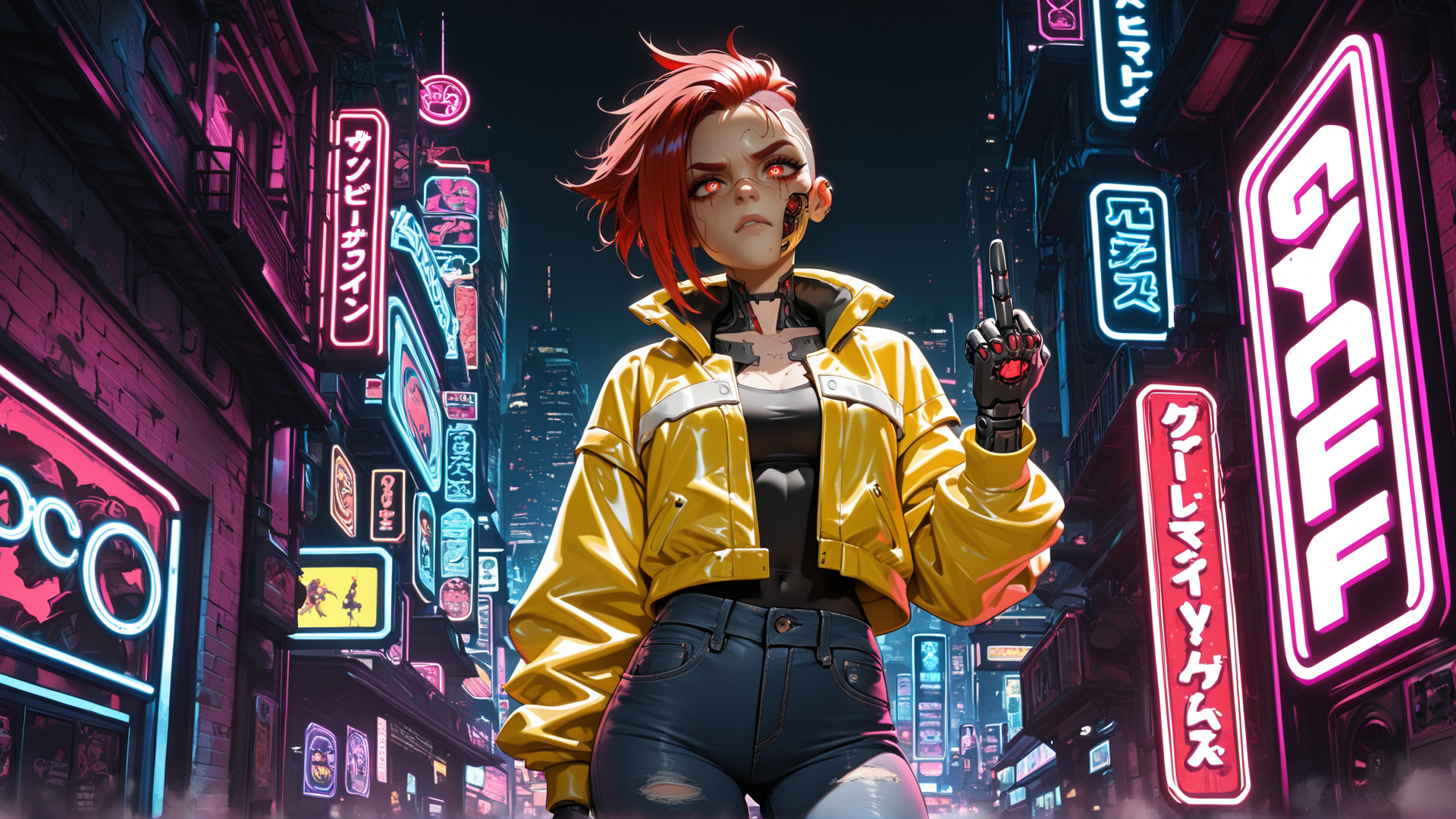 AI generated wallpaper featuring cyborg, neon, city, girl, jacket, signs, street