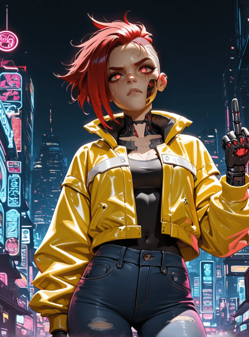 cyborg, neon, city, girl, jacket, signs, street