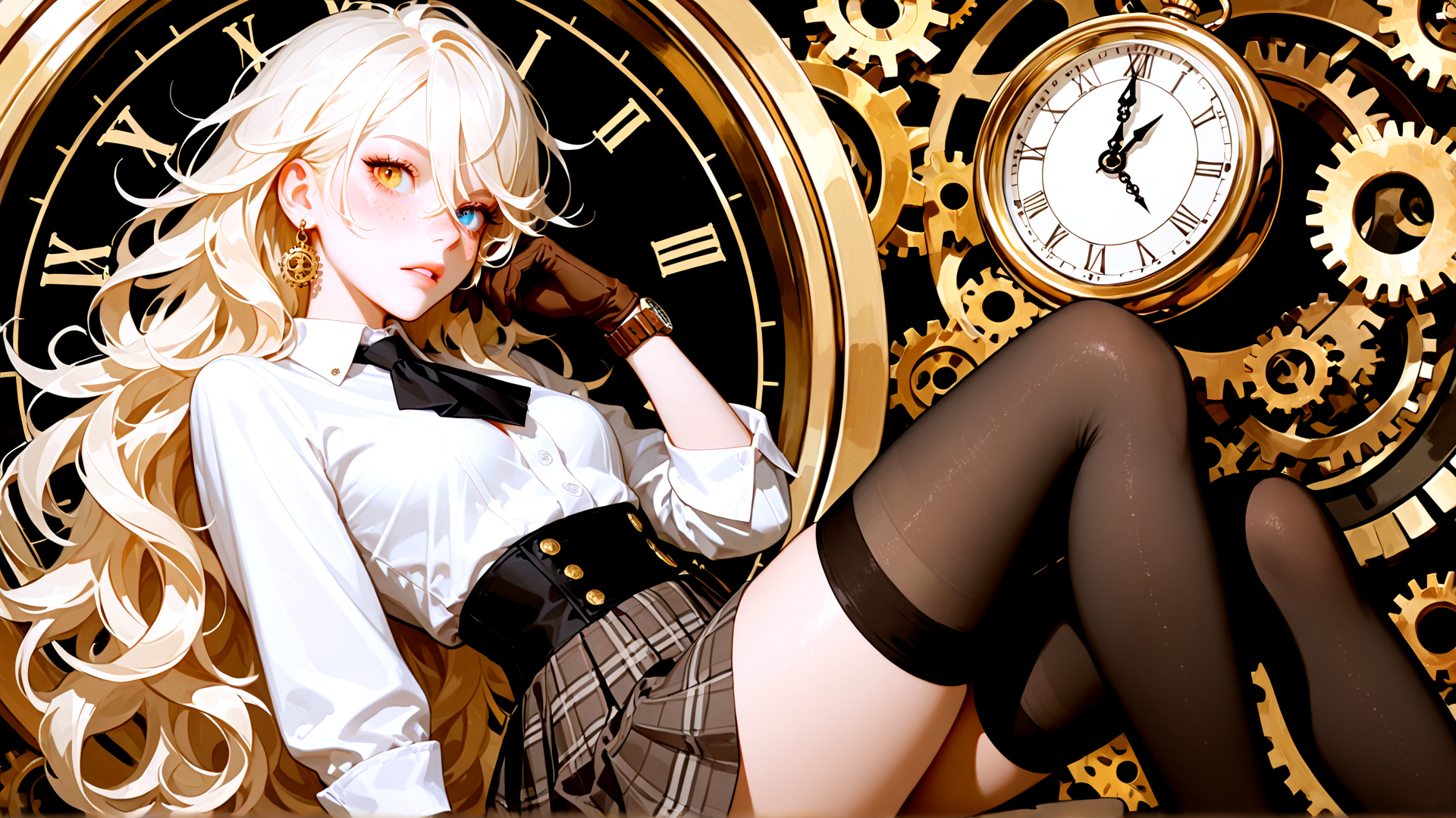 AI generated wallpaper featuring girl, clock, gears, clockwork, watch, earring, blouse, skirt, stockings, bow