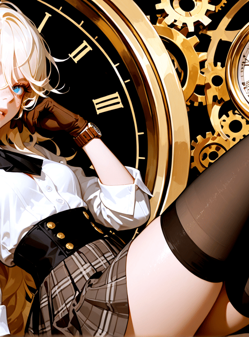 girl, clock, gears, clockwork, watch, earring, blouse, skirt, stockings, bow