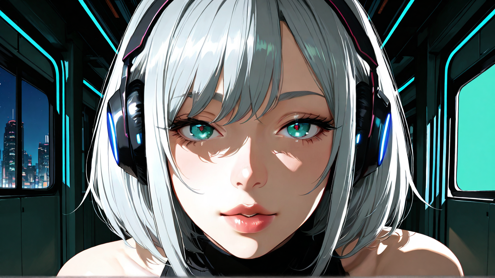 AI generated wallpaper featuring girl, headphones, train, cityscape, hair