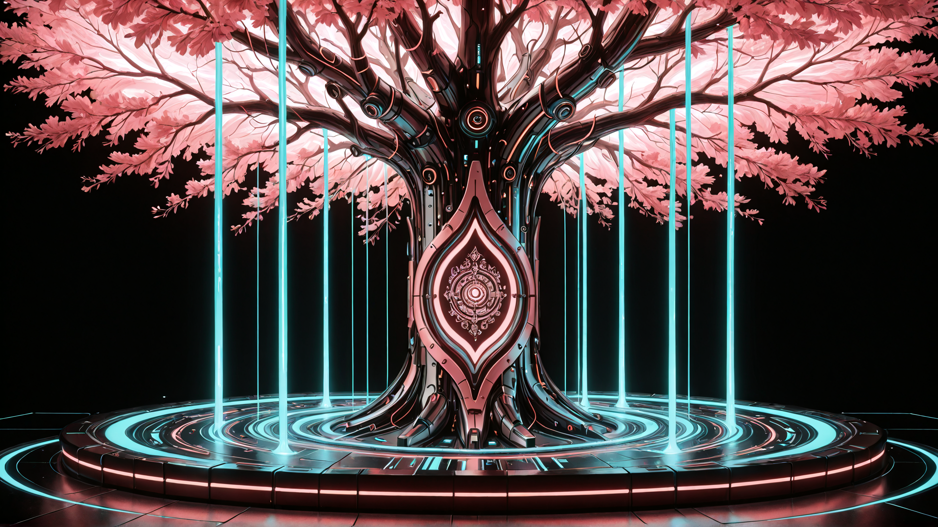 AI generated wallpaper featuring tree, cherry blossom, circuit, neon, portal, gates, cyber, tech, tree, platform