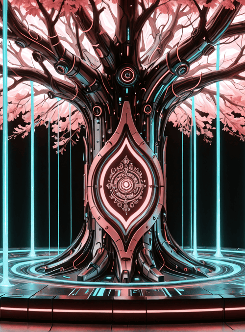 tree, cherry blossom, circuit, neon, portal, gates, cyber, tech, tree, platform