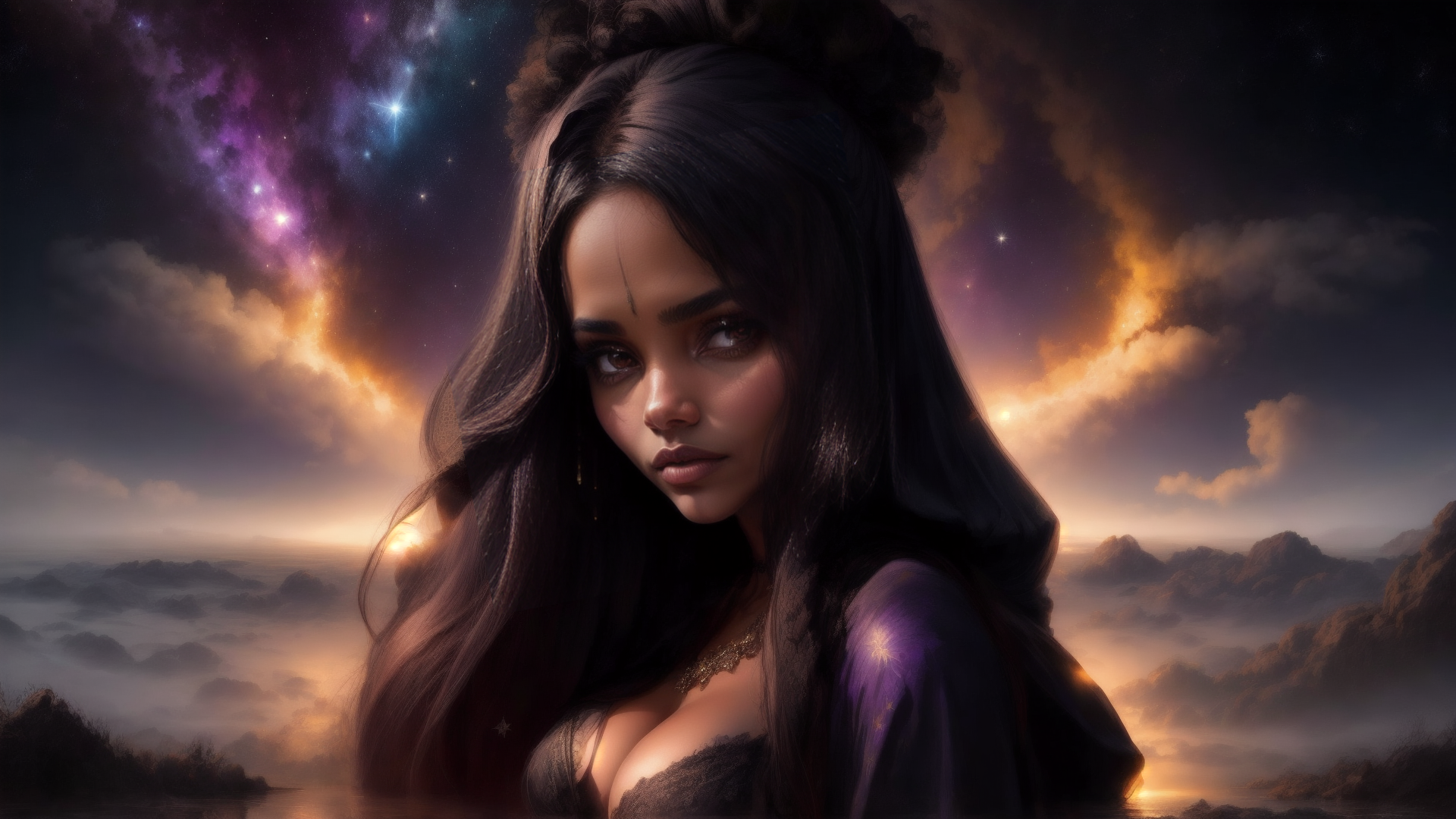 AI generated wallpaper featuring woman, stars, mountains