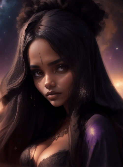 woman, stars, mountains