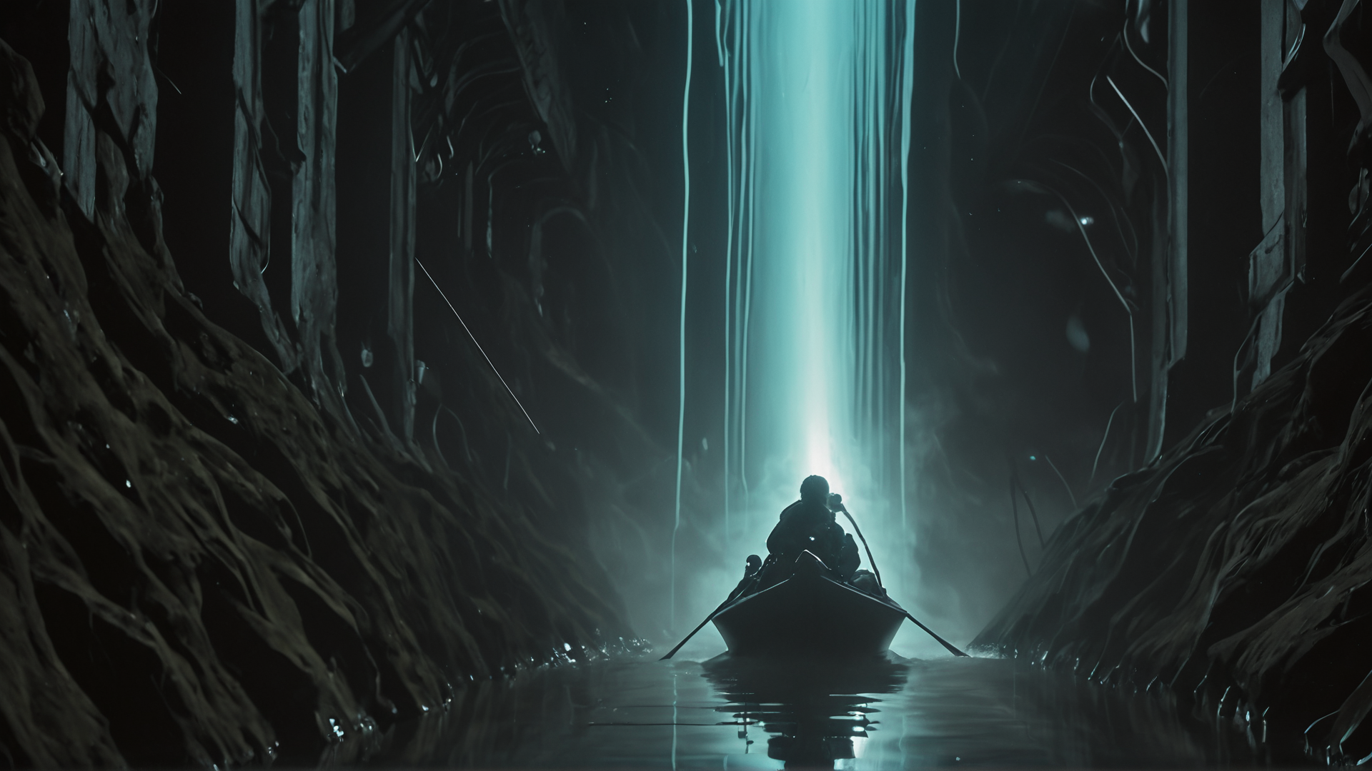 AI generated wallpaper featuring boat, person, cave