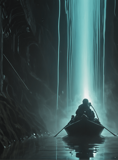 boat, person, cave