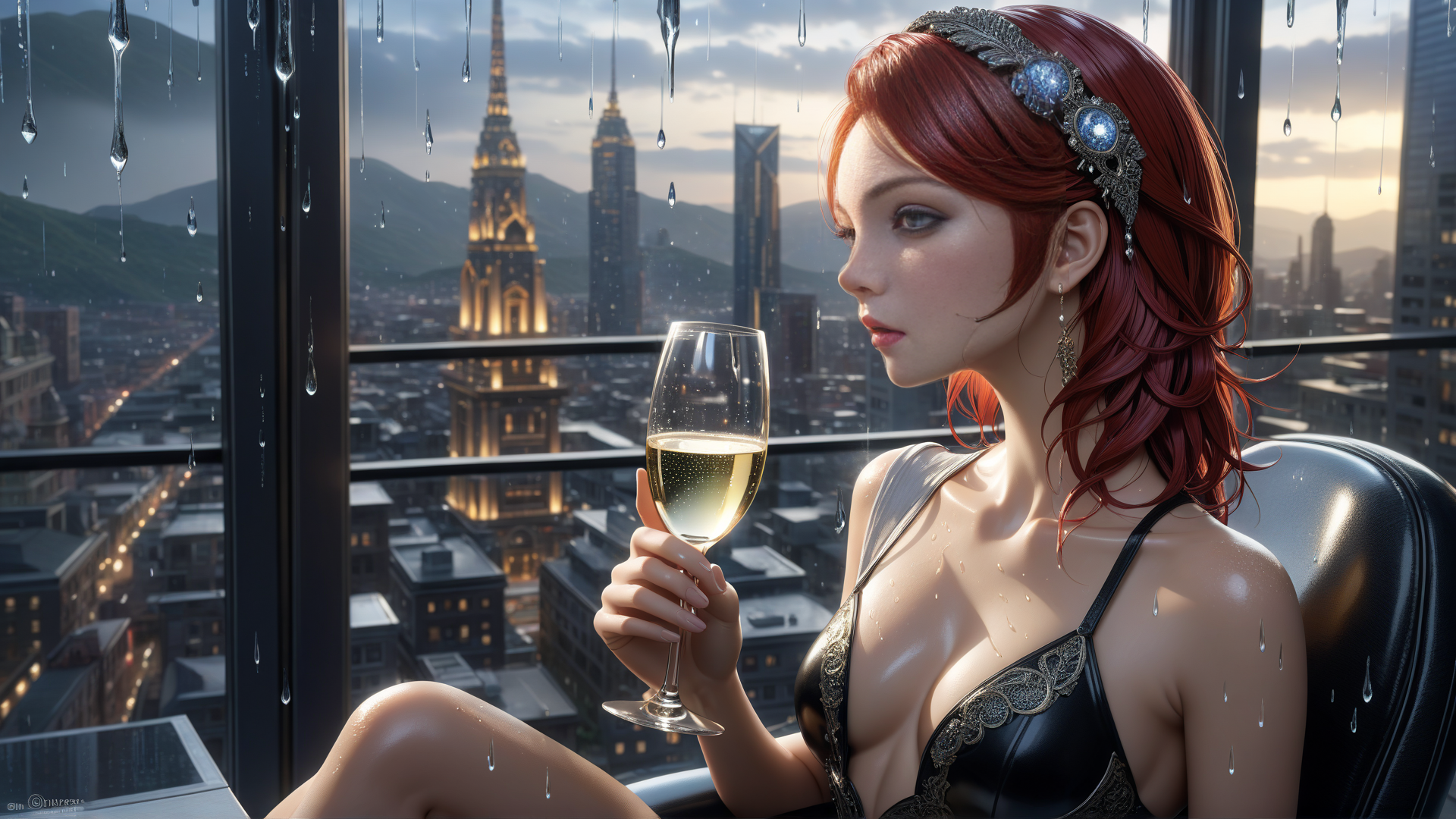 AI generated wallpaper featuring woman, cityscape, wine