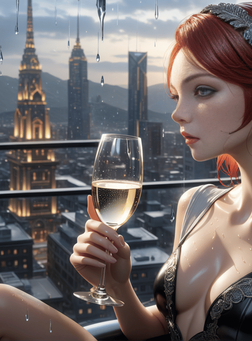 woman, cityscape, wine