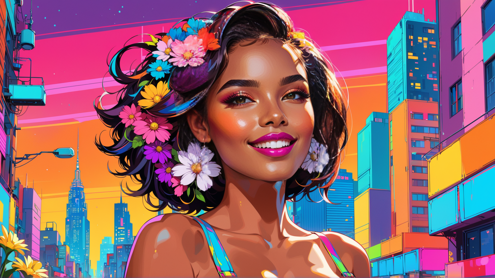 AI generated wallpaper featuring woman, flowers, city