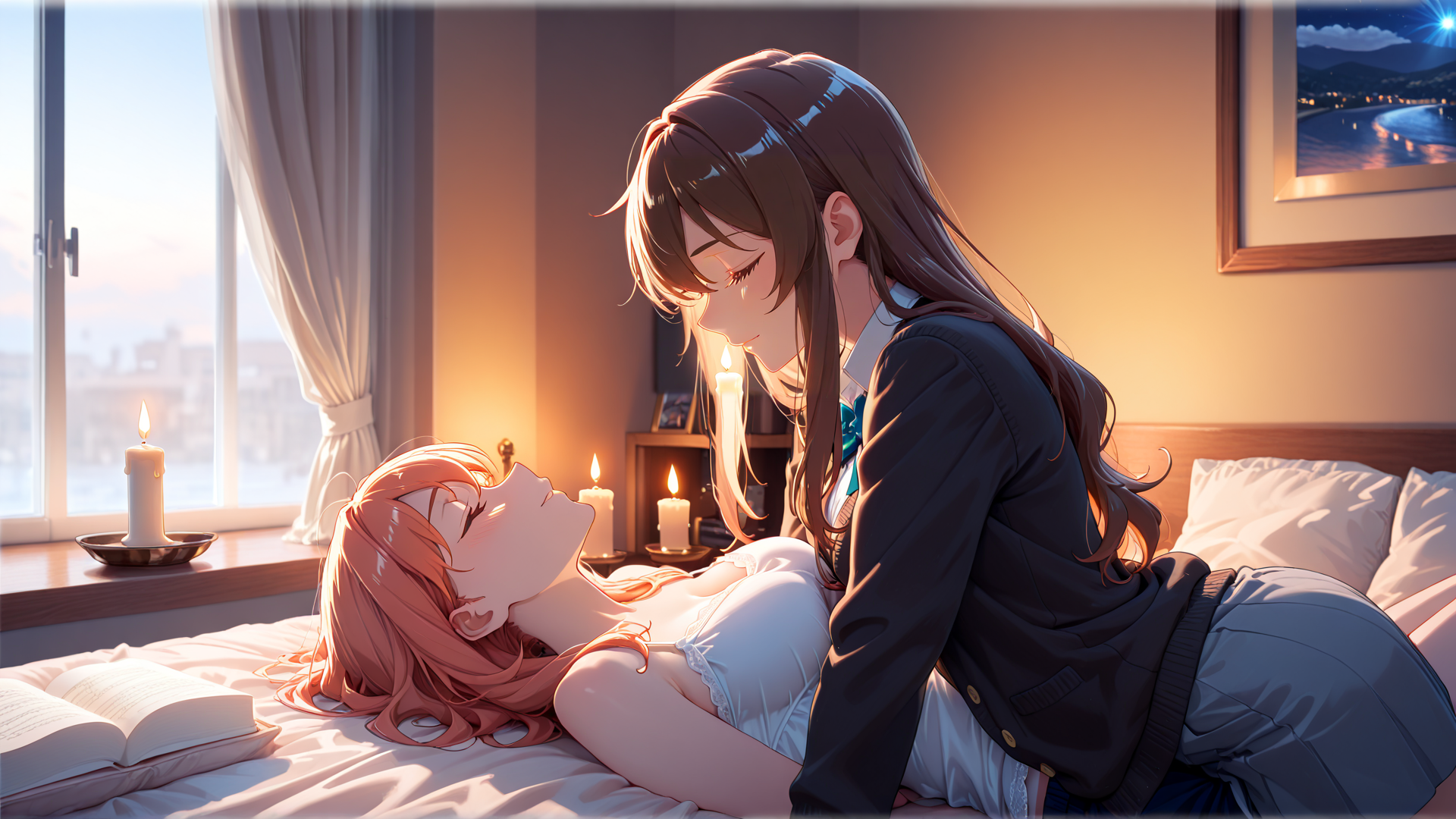 AI generated wallpaper featuring girls, bedroom, candles