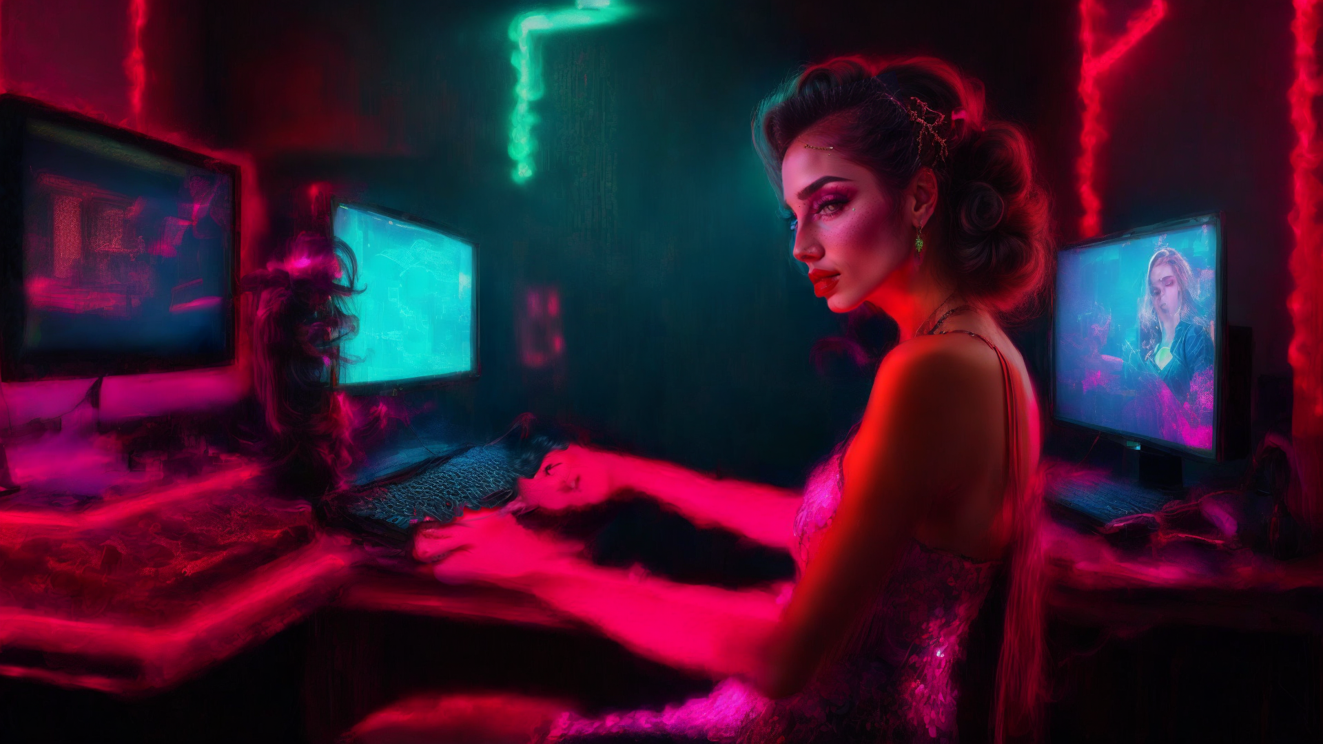 AI generated wallpaper featuring woman, computer, monitor
