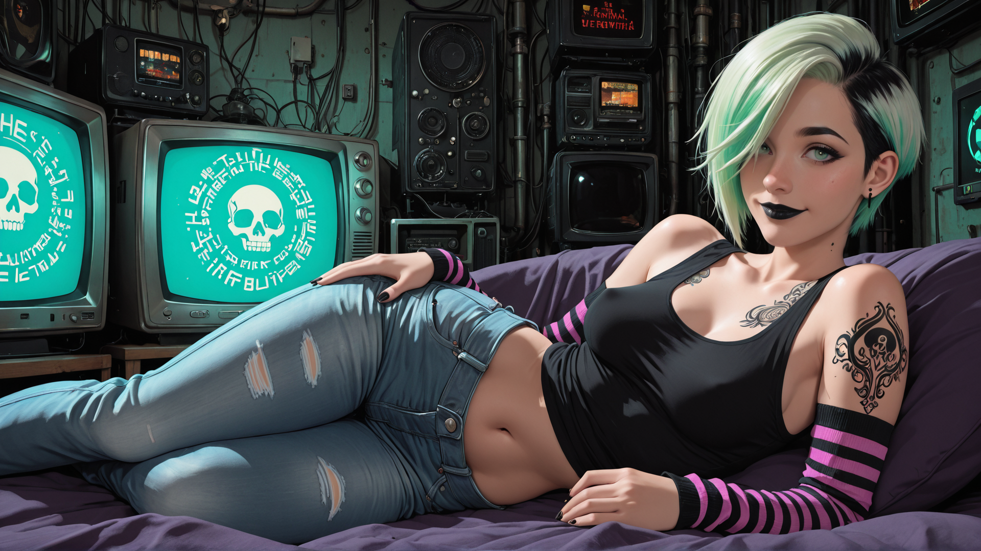 AI generated wallpaper featuring woman, jeans, tank top, tattoo, television