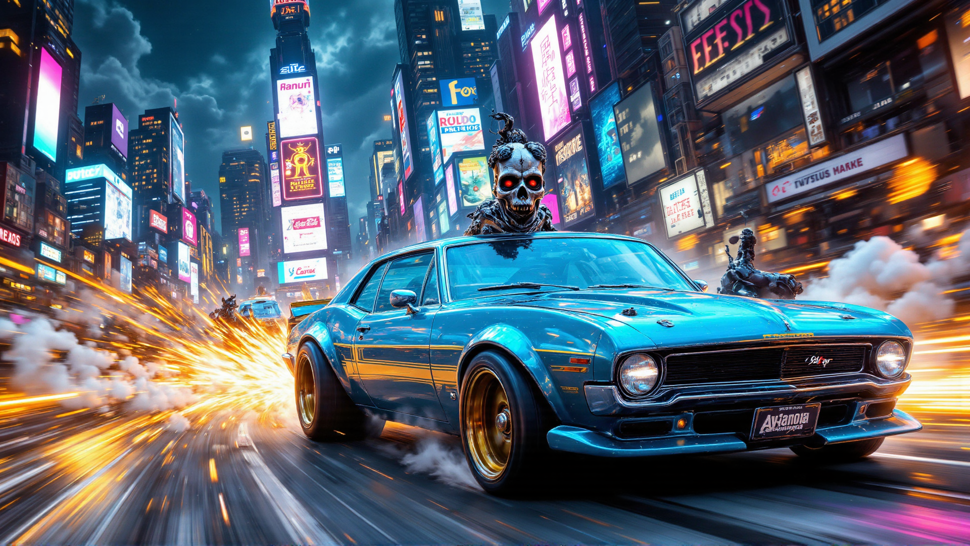 AI generated wallpaper featuring car, skull, city