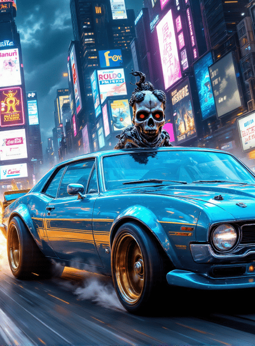car, skull, city