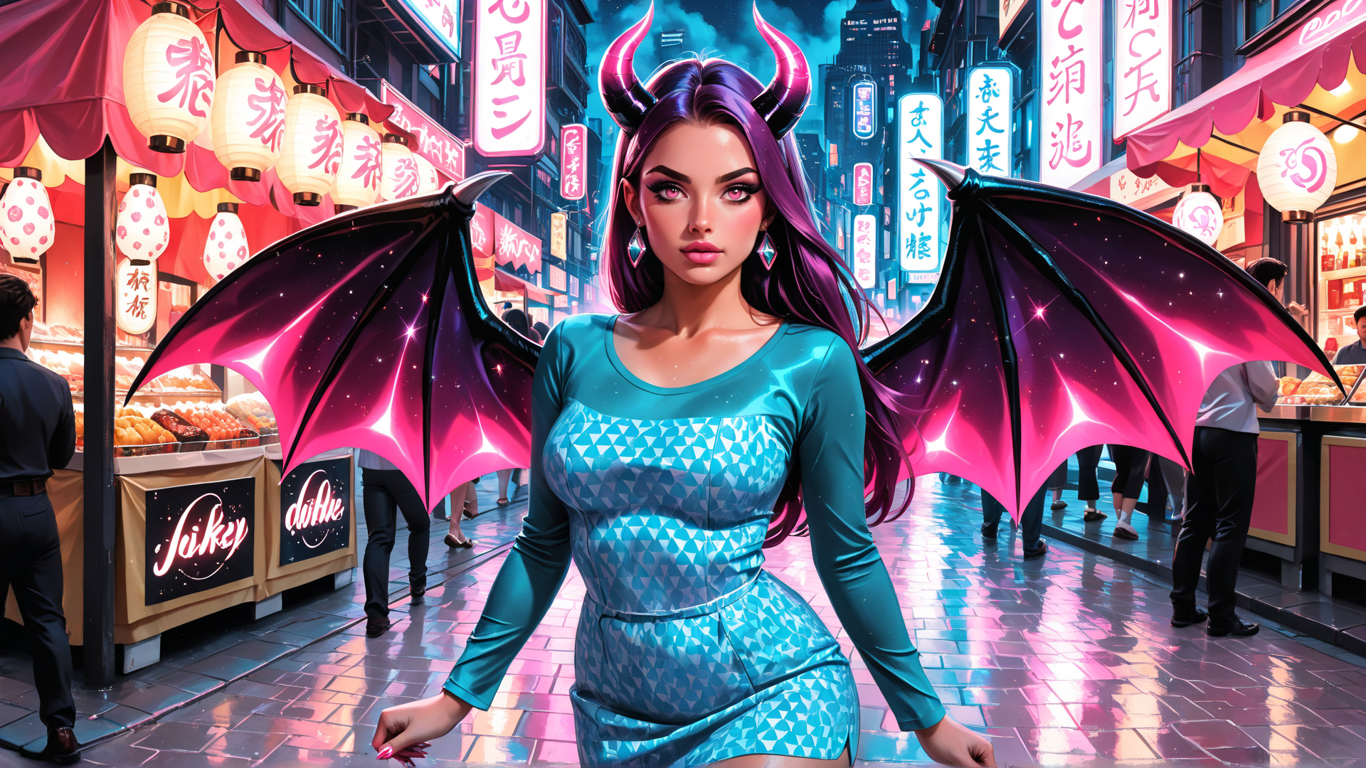 AI generated wallpaper featuring woman, devil, demon, angel, dragon, street, market, lantern, sign, city