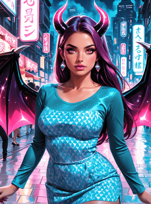 woman, devil, demon, angel, dragon, street, market, lantern, sign, city