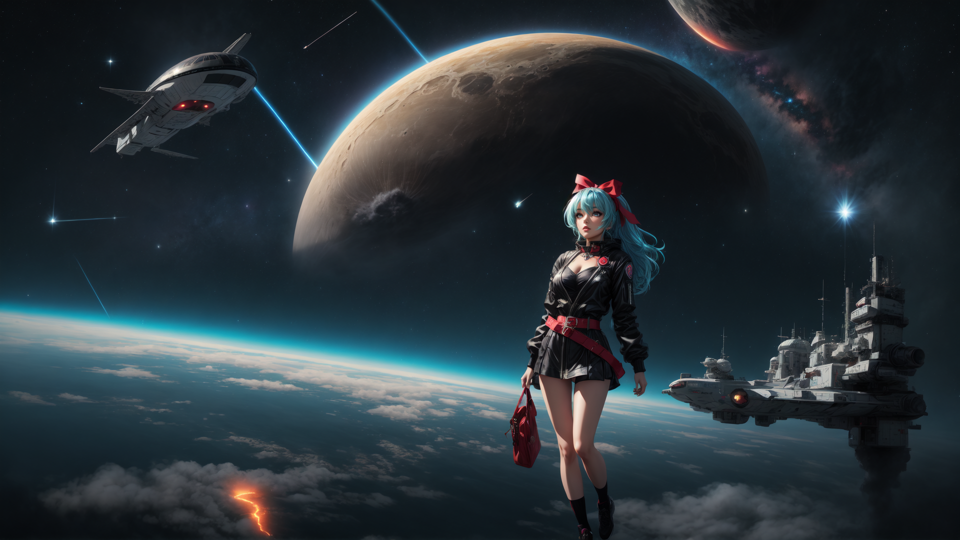 AI generated wallpaper featuring girl, spaceship, planet, spaceship, space station, clouds, stars, moon, sail, light