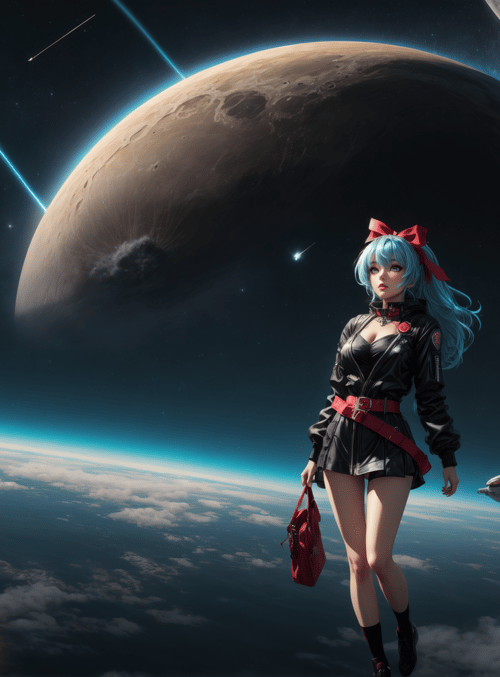 girl, spaceship, planet, spaceship, space station, clouds, stars, moon, sail, light
