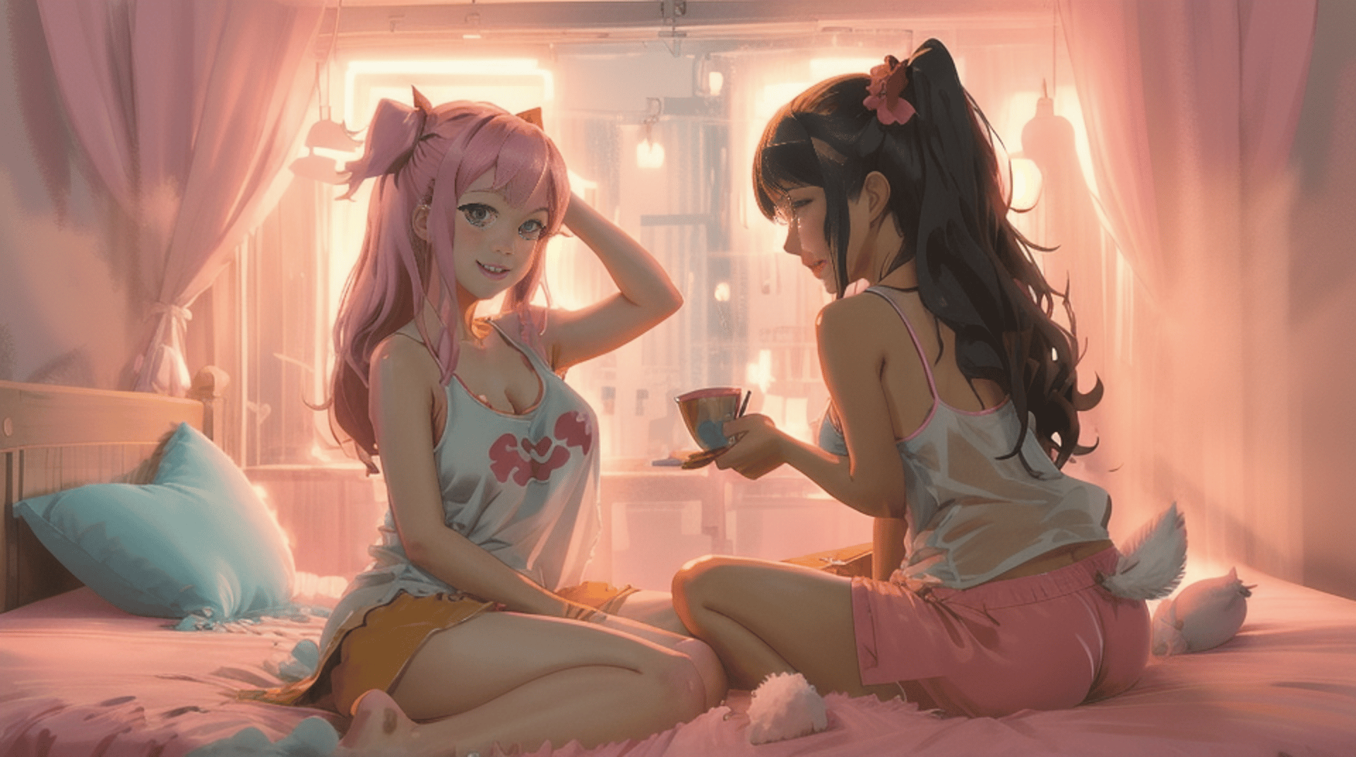 AI generated wallpaper featuring girls, bedroom, tea