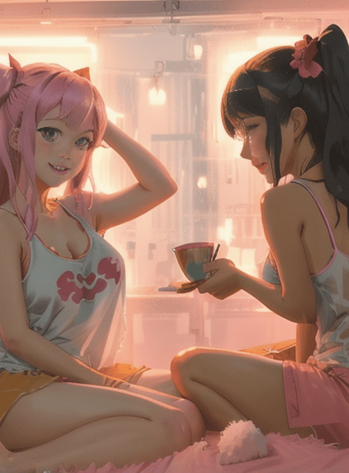 girls, bedroom, tea