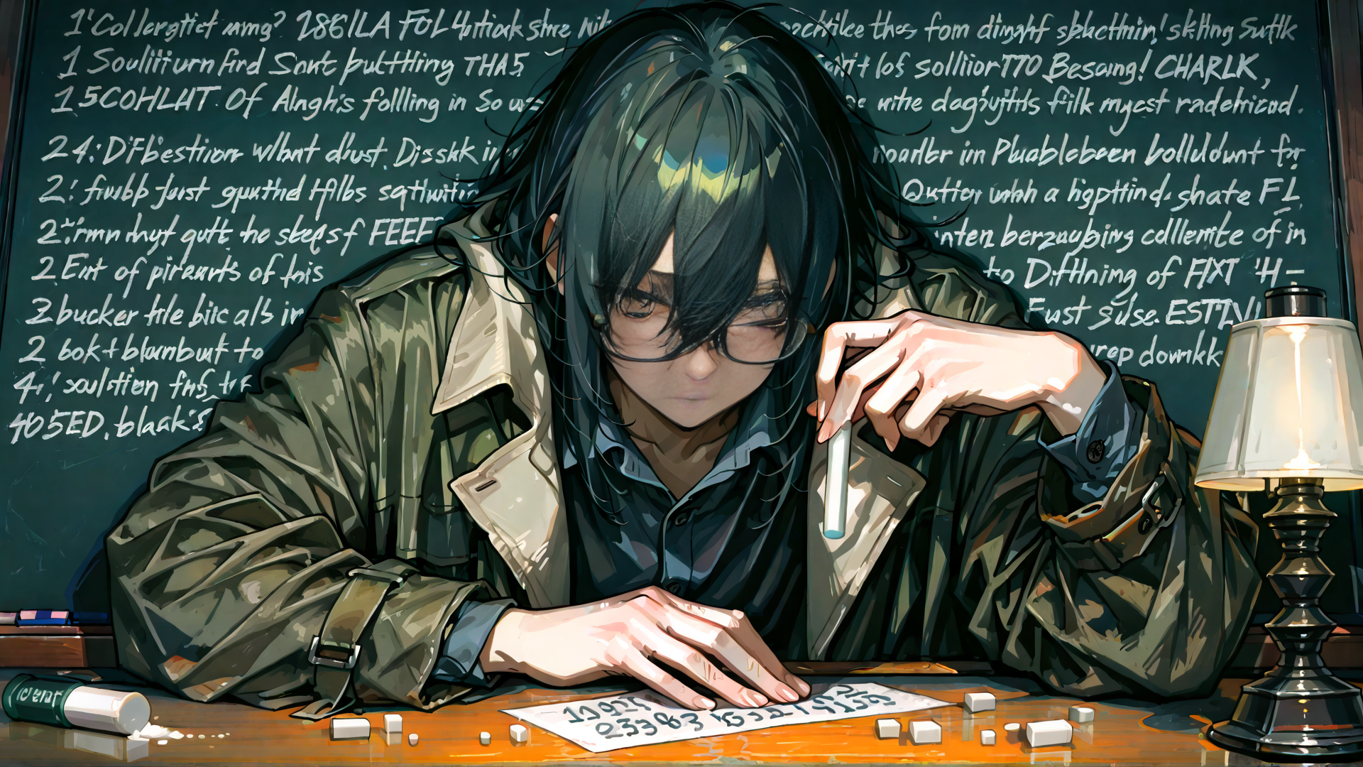 AI generated wallpaper featuring person, chalkboard, cigarette