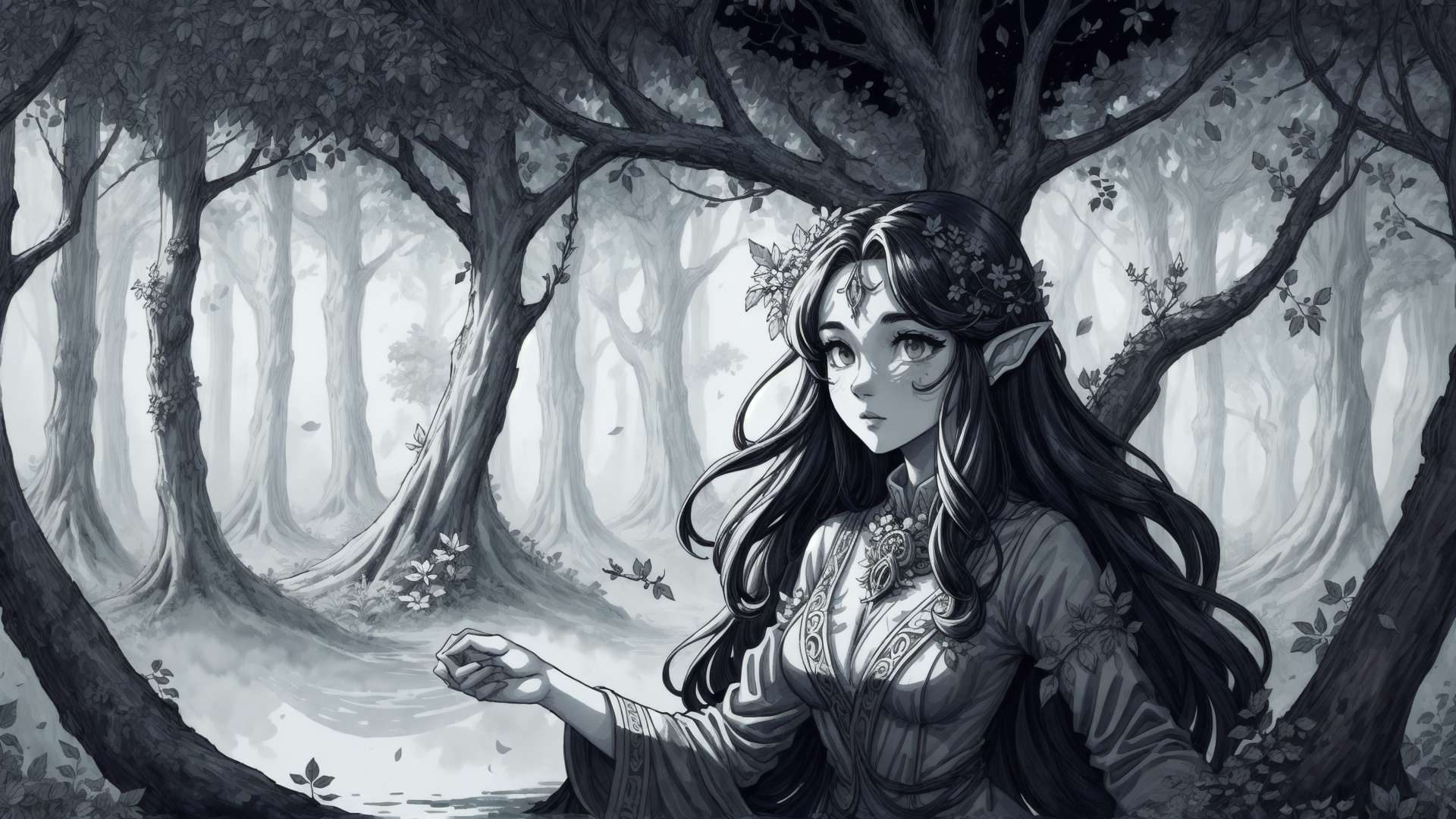AI generated wallpaper featuring elf, forest, trees, woman
