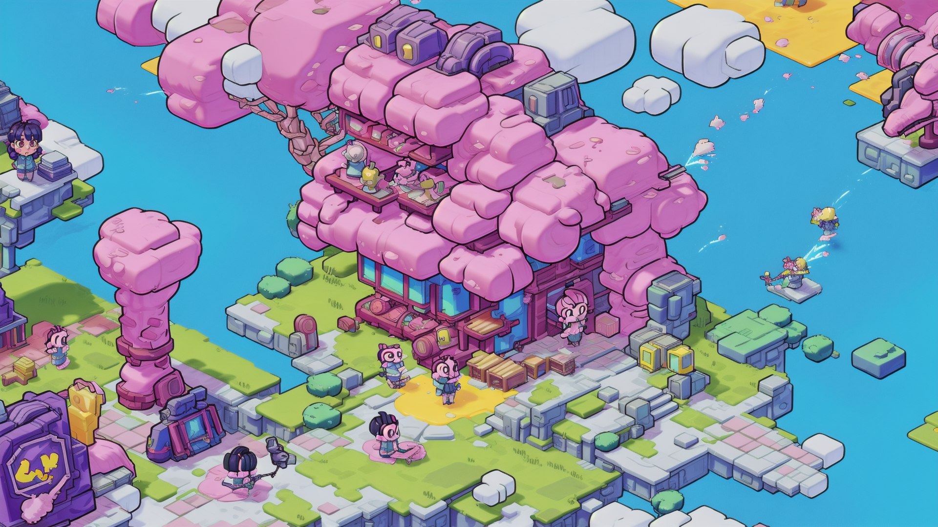 AI generated wallpaper featuring cherry tree, characters, floating islands