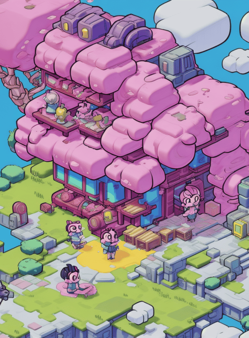 cherry tree, characters, floating islands
