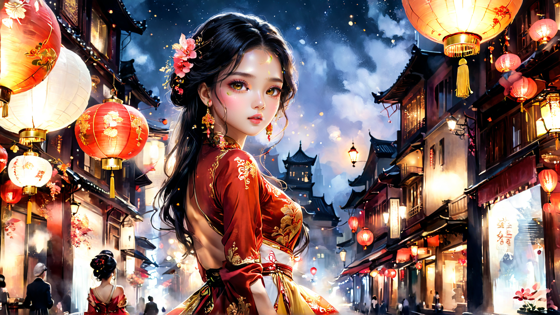 AI generated wallpaper featuring woman, lanterns, street