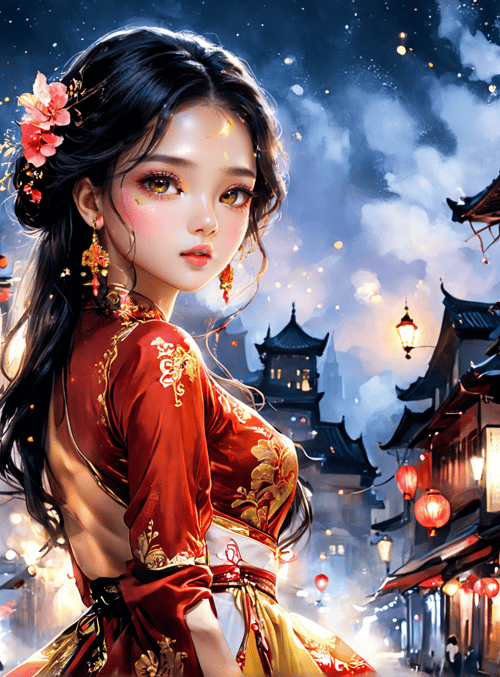 woman, lanterns, street