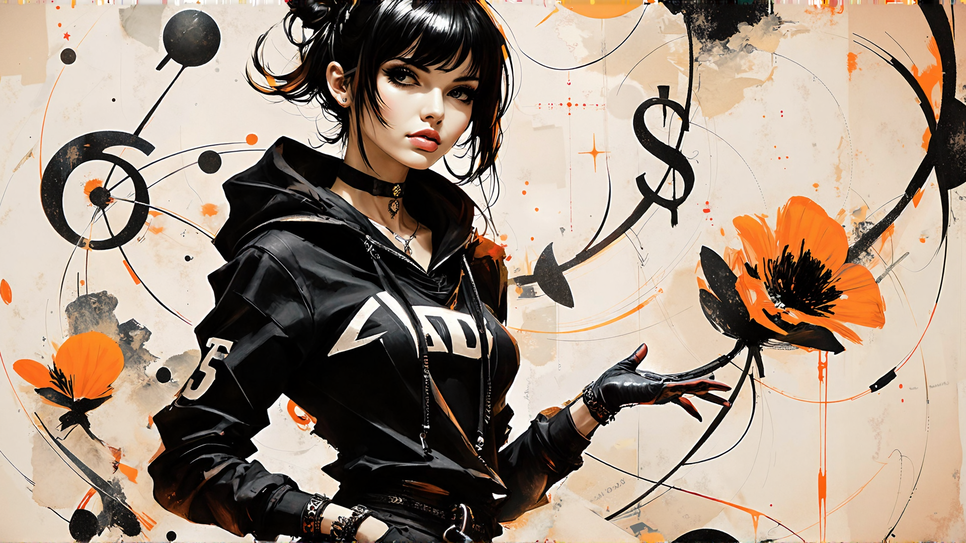 AI generated wallpaper featuring woman, flower, dollar sign, hoodie, gloves