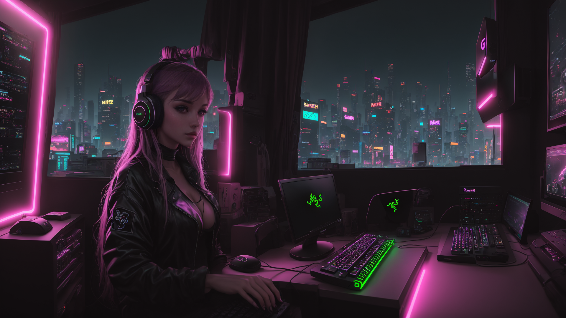 AI generated wallpaper featuring gamer, woman, city
