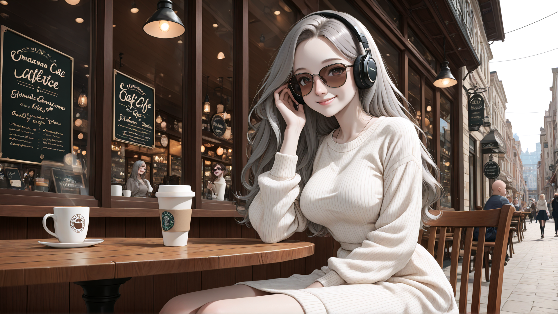 AI generated wallpaper featuring woman, coffee, cafe, headphones, sunglasses, street, table, cup, building, chair