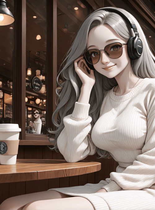 woman, coffee, cafe, headphones, sunglasses, street, table, cup, building, chair