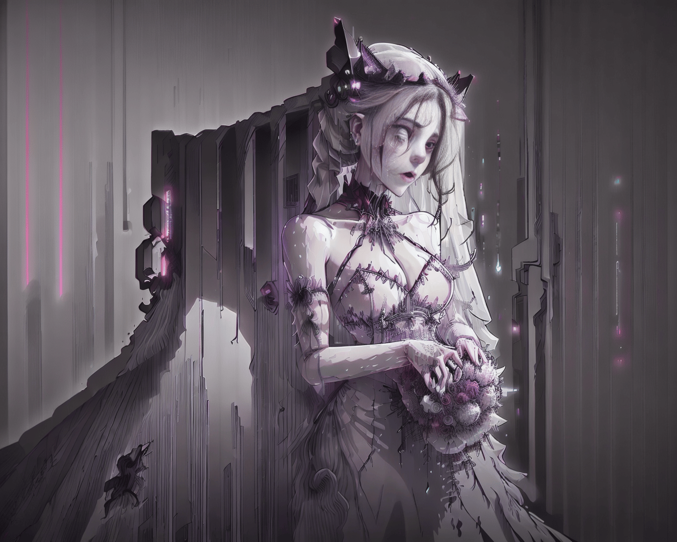 AI generated wallpaper featuring bride, cyborg, figurine