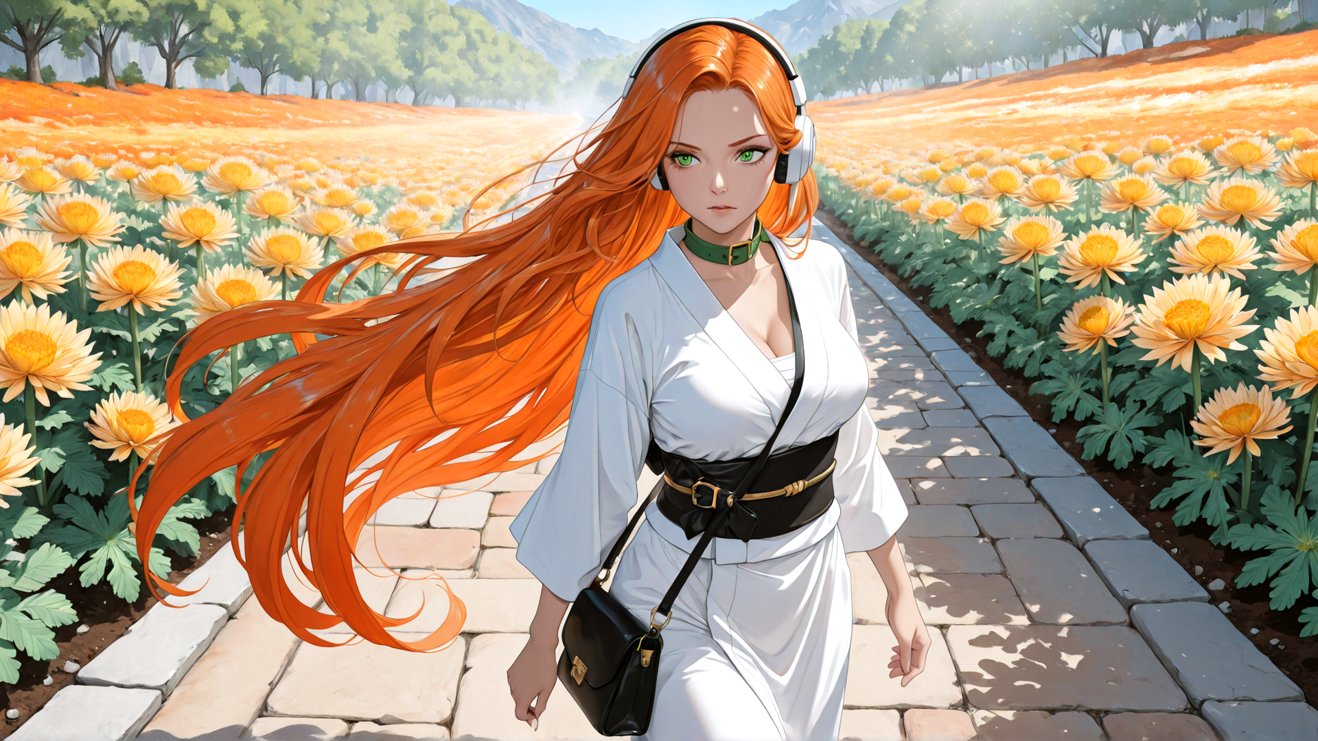 AI generated wallpaper featuring woman, flowers, path, headphones, hair, belt, bag, trees, mountains, sunlight